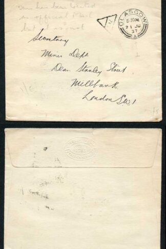 1937 unstamped cover treated as Official Mail in Error