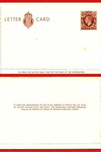 LCP13a KGVI 1 1/2d Stamped Letter Card Gummed on Front Half MINT