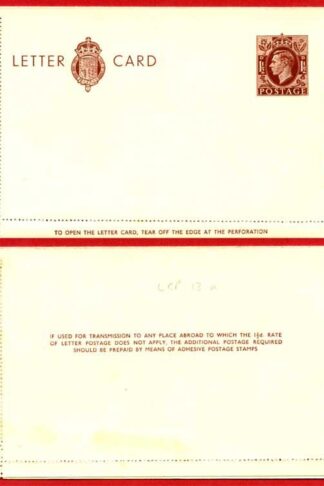 LCP13a KGVI 1 1/2d Stamped Letter Card Gummed on Front Half MINT
