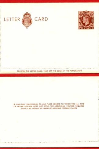 LCP13a KGVI 1 1/2d Stamped Letter Card Gummed on Front Half MINT