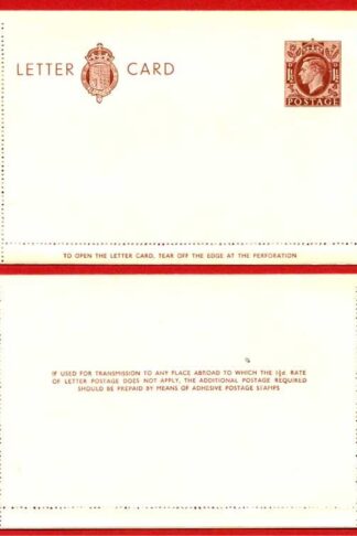 LCP13a KGVI 1 1/2d Stamped Letter Card Gummed on Front Half MINT