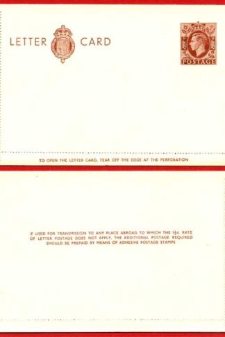 LCP13a KGVI 1 1/2d Stamped Letter Card Gummed on Front Half MINT
