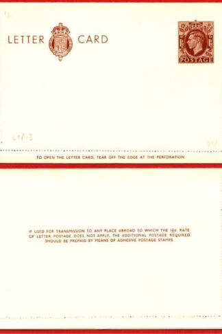 LCP13a KGVI 1 1/2d Stamped Letter Card Gummed on Front Half MINT