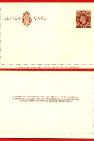 LCP13a KGVI 1 1/2d Stamped Letter Card Gummed on Front Half MINT