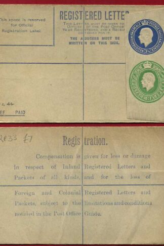 RP33 KGV 3 1/2d Blue + 1/2d Green Envelope Size F Mint