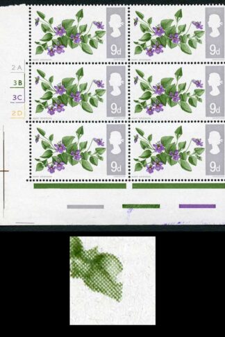 Spec W117b 1967 9d Flowers (Ordinary) with Notch in Leaf Variety Cyl Block 6 U/M