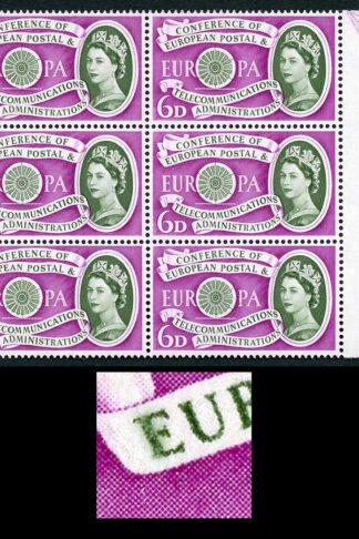 Spec W14b 1960 6d Europa with Blurred E Variety Block of 6 U/M