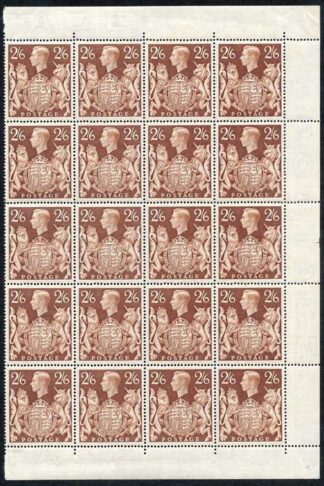 KGVI SG476 2/6 Brown Block of 20 all U/M