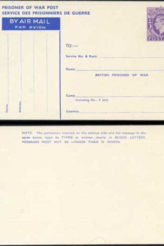 CP102 KGVI 1944 3d Post Office Issue Prisoner of War Post Card MINT