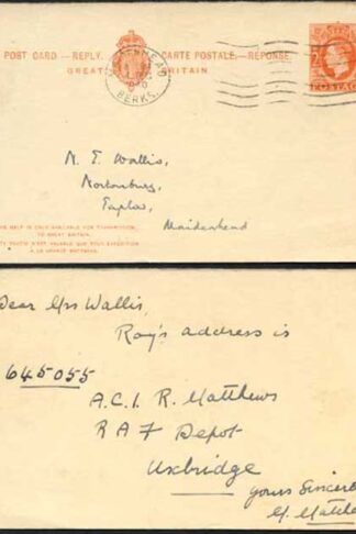 CP101a KGVI  2d Orange Reply Half Post Office issued Reply Card Used
