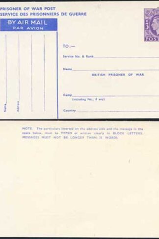 CP102 KGVI 1944 3d Post Office Issue Prisoner of War Post Card MINT