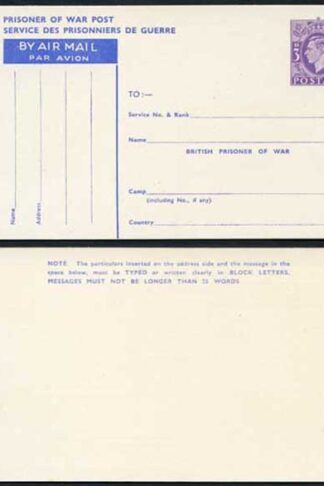 CP102 KGVI 1944 3d Post Office Issue Prisoner of War Post Card MINT