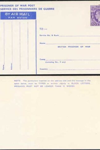 CP102 KGVI 1944 3d Post Office Issue Prisoner of War Post Card MINT