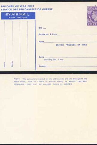CP102 KGVI 1944 3d Post Office Issue Prisoner of War Post Card MINT