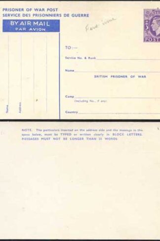 CP102 KGVI 1944 3d Post Office Issue Prisoner of War Post Card MINT