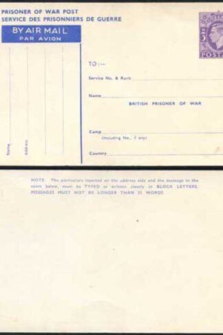 CP102 KGVI 1944 3d Post Office Issue Prisoner of War Post Card MINT