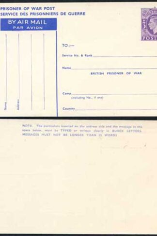 CP102 KGVI 1944 3d Post Office Issue Prisoner of War Post Card MINT