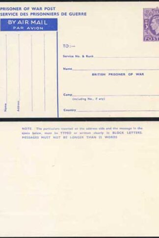 CP102 KGVI 1944 3d Post Office Issue Prisoner of War Post Card MINT