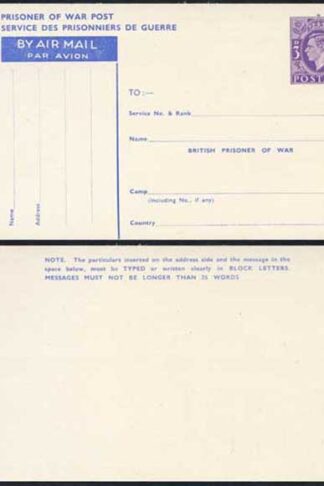 CP102 KGVI 1944 3d Post Office Issue Prisoner of War Post Card MINT