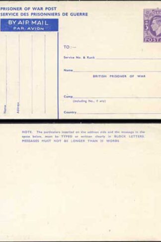 CP102 KGVI 1944 3d Post Office Issue Prisoner of War Post Card MINT
