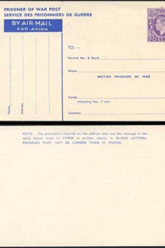 CP102 KGVI 1944 3d Post Office Issue Prisoner of War Post Card MINT