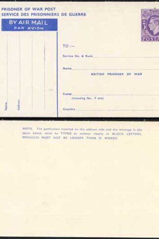CP102 KGVI 1944 3d Post Office Issue Prisoner of War Post Card MINT