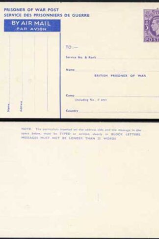CP102 KGVI 1944 3d Post Office Issue Prisoner of War Post Card MINT