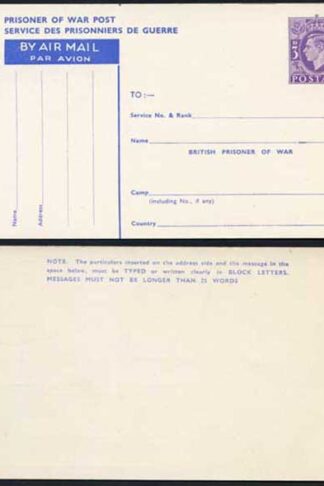CP102 KGVI 1944 3d Post Office Issue Prisoner of War Post Card MINT