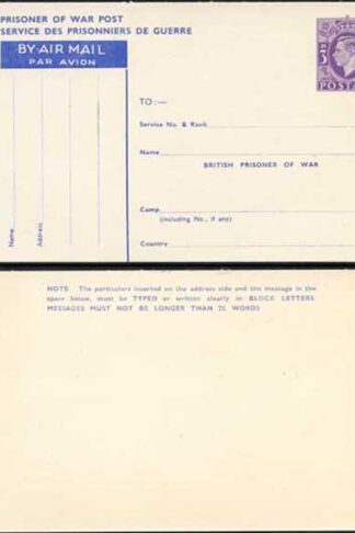 CP102 KGVI 1944 3d Post Office Issue Prisoner of War Post Card MINT