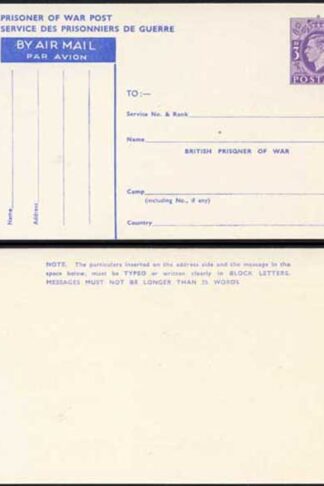 CP102 KGVI 1944 3d Post Office Issue Prisoner of War Post Card MINT
