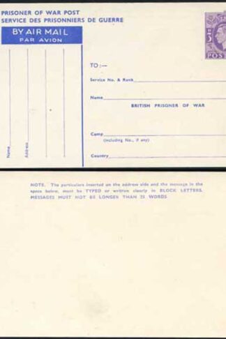 CP102 KGVI 1944 3d Post Office Issue Prisoner of War Post Card MINT