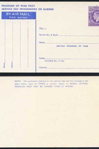 CP102 KGVI 1944 3d Post Office Issue Prisoner of War Post Card MINT