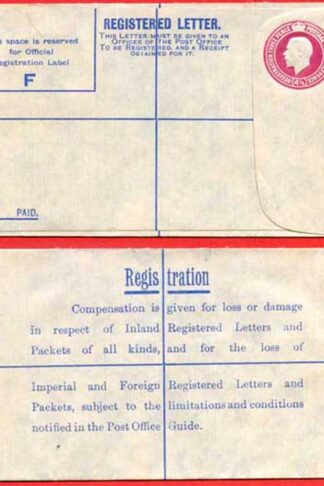 RP43 KGV 4 1/2d Puce Registered Envelope BLUE WATSON LINING Size F Mint