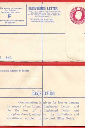 RP45 KGV 4 1/2d Puce Registered Envelope Size F Mint
