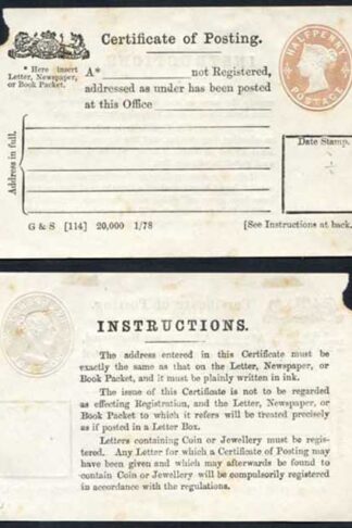 CPP2 QV 1/2d Certificate of Posting 1878 imprint on front