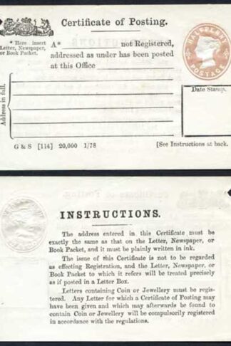 CPP2 QV 1/2d Certificate of Posting 1878 imprint on front