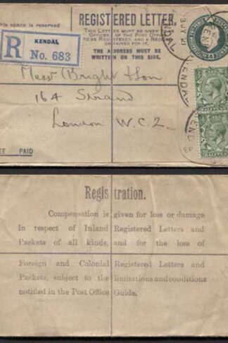 RP30 KGV 4d Grey Green Registered Envelope size Fa Used and uprated