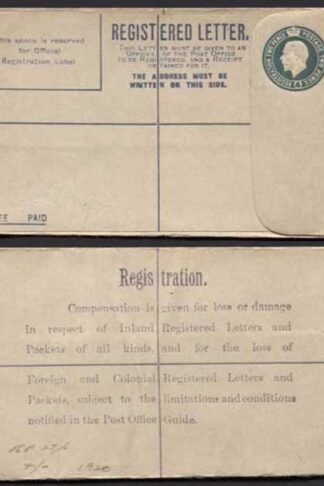 RP30a KGV 4d Grey-Green Registered Envelope Size F Flap 8 Imprint DP under Flap