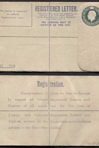 RP30a KGV 4d Grey-Green Registered Envelope Size F Flap 8 Imprint DP under Flap