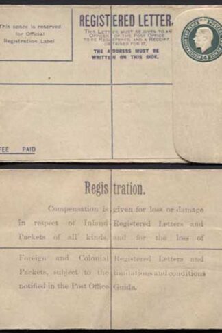 RP30a KGV 4d Grey-Green Registered Envelope Size F Flap 8 Imprint EP under Flap