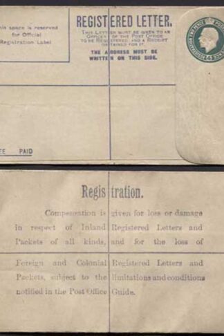 RP30a KGV 4d Grey-Green Registered Envelope Size F Flap 8 Imprint DP under Flap