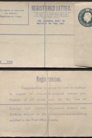 RP30b KGV 4d Grey-Green Registered Envelope Size F Flap 7 Imprint EO under Flap