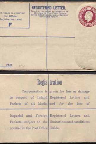 RP41 KGV 4 1/2d Puce Registered Envelope Size F Imperial and Foreign on Back  M
