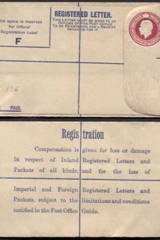RP41 KGV 4 1/2d Puce Registered Envelope Size F Imperial and Foreign on Back  M