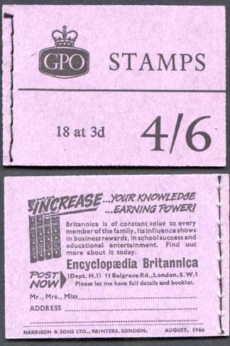 L21p 4/6 Violet Cover Booklet Aug 1960 Back Pane BROAD BAND RARE