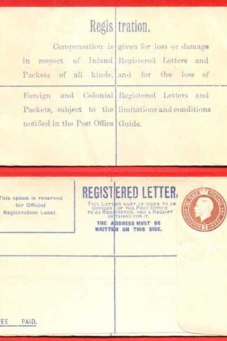RP27b KGV 3d Registered Envelope W Below Neck Size F Imprint DE under Flap