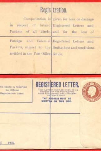 RP27b KGV 3d Registered Envelope W Below Neck Size F Imprint HE under Flap