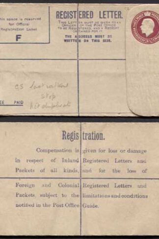 RP39 KGV 4 1/2d Puce Registered Envelope Size F CS Under Flap Mint
