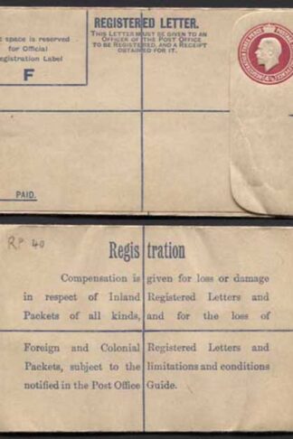 RP40 KGV 4 1/2d Puce Registered Envelope Size F Foreign and Colonial on Back M