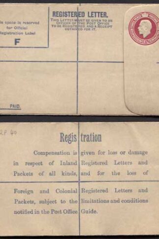 RP40 KGV 4 1/2d Puce Registered Envelope Size F Foreign and Colonial on Back M